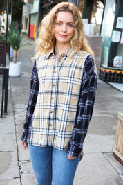 Navy & Beige Cotton Plaid Hi-Lo Shirt Top | Daverri Fashions