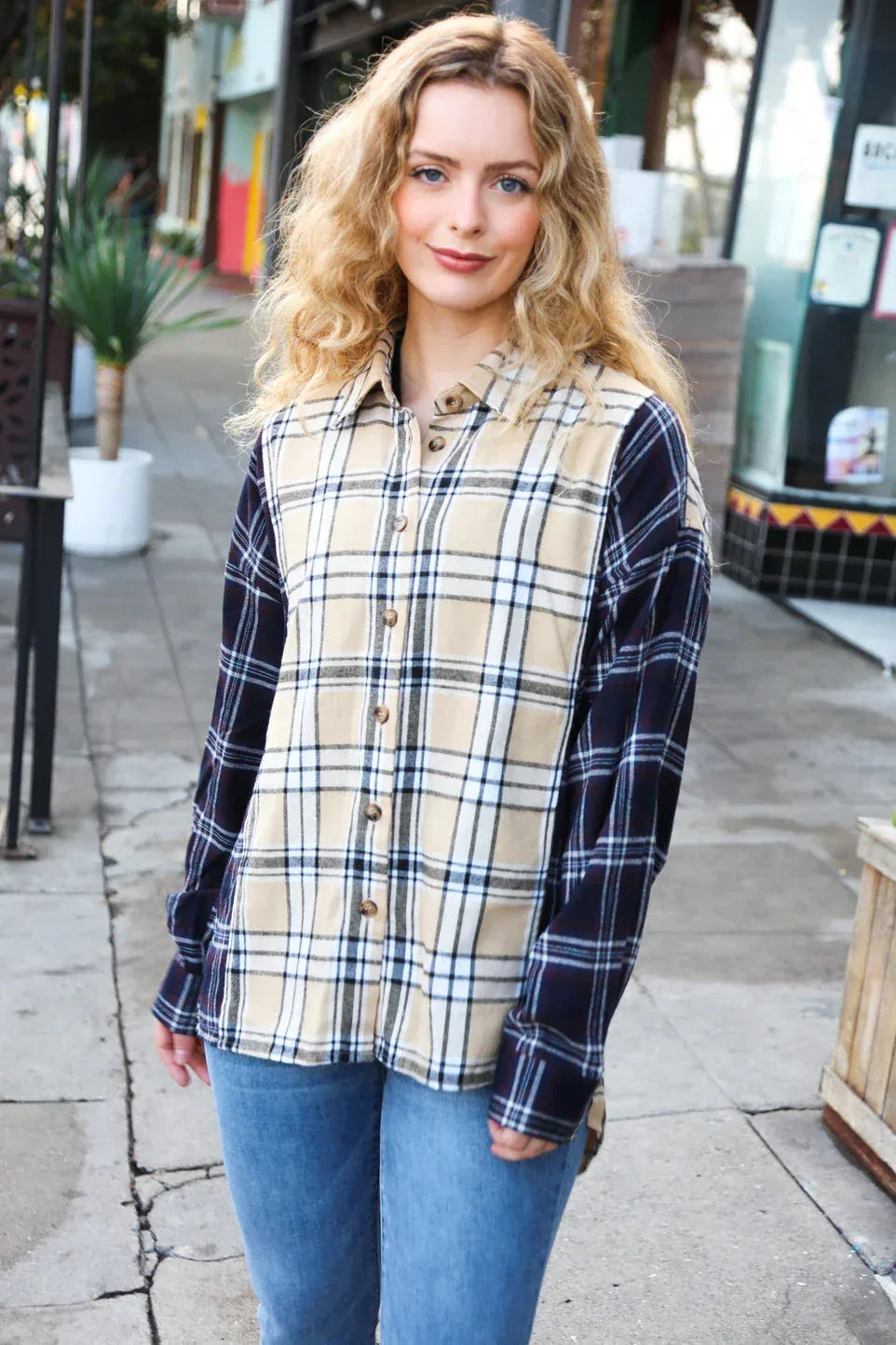Navy & Beige Cotton Plaid Hi-Lo Shirt Top - DAVERRI FASHIONS