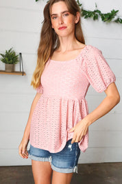 Mauve Eyelet Puff Sleeve Babydoll Top | Daverri Fashions
