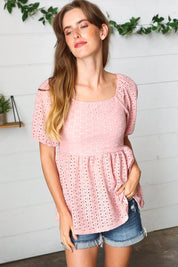 Mauve Eyelet Puff Sleeve Babydoll Top | Daverri Fashions