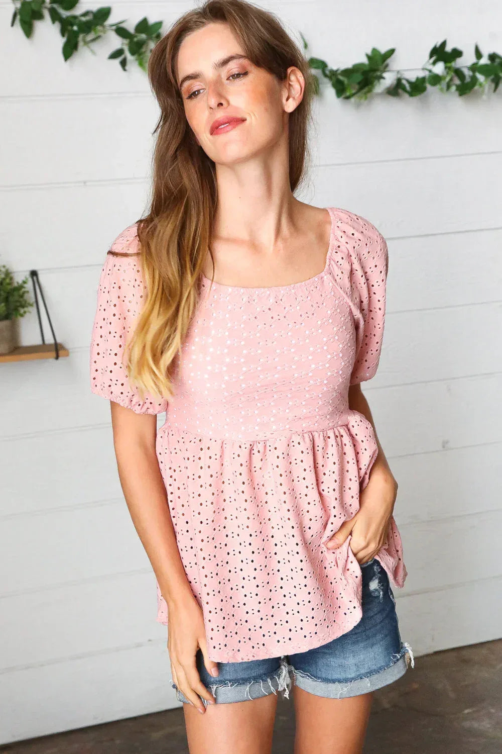 Mauve Eyelet Puff Sleeve Babydoll Top - DAVERRI FASHIONS