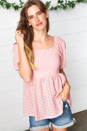 Mauve Eyelet Puff Sleeve Babydoll Top | Daverri Fashions
