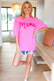 Take A Bow Pink "Mama" Embroidery Puff Sleeve Sweater Top | Daverri Fashions