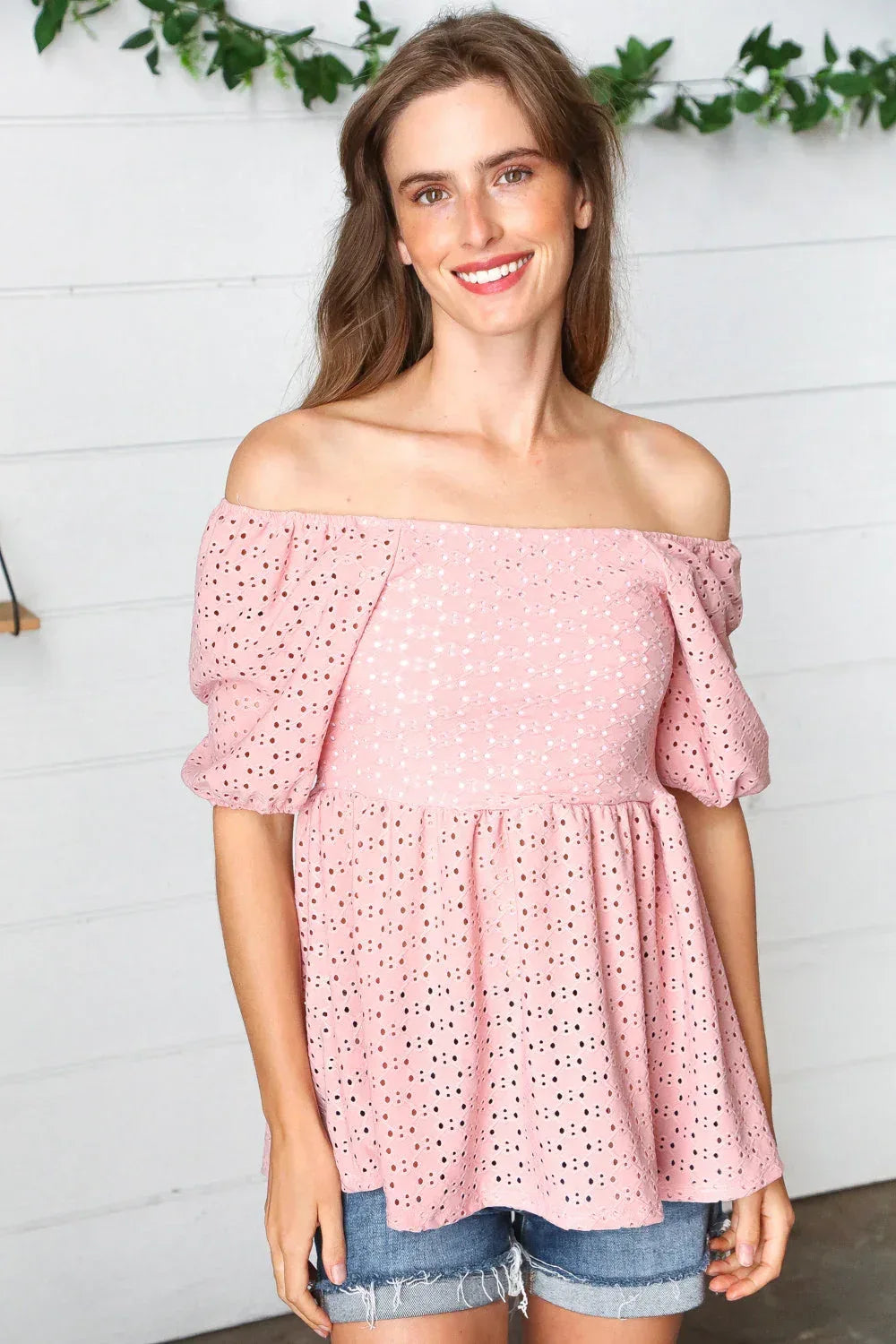 Mauve Eyelet Puff Sleeve Babydoll Top - DAVERRI FASHIONS