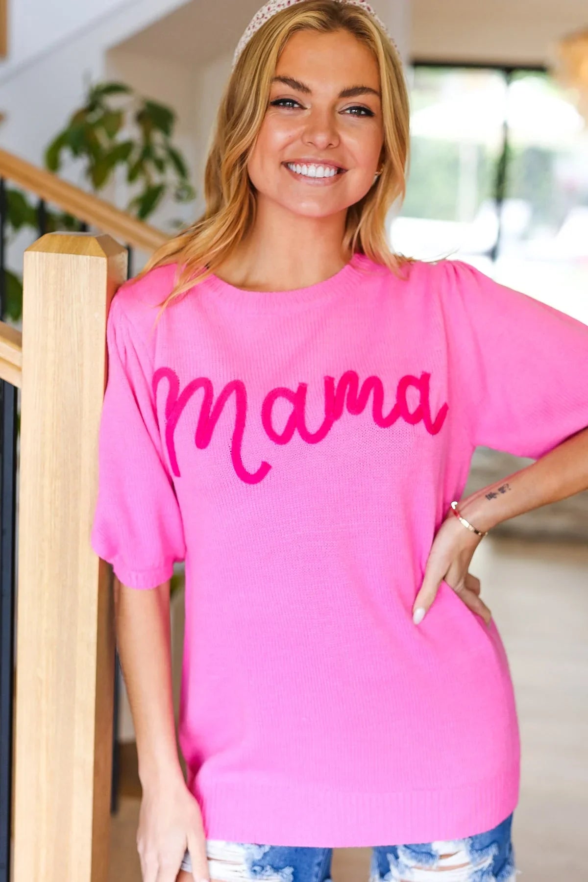 Take A Bow Pink "Mama" Embroidery Puff Sleeve Sweater Top | Daverri Fashions