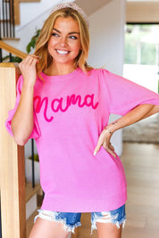 Take A Bow Pink "Mama" Embroidery Puff Sleeve Sweater Top | Daverri Fashions