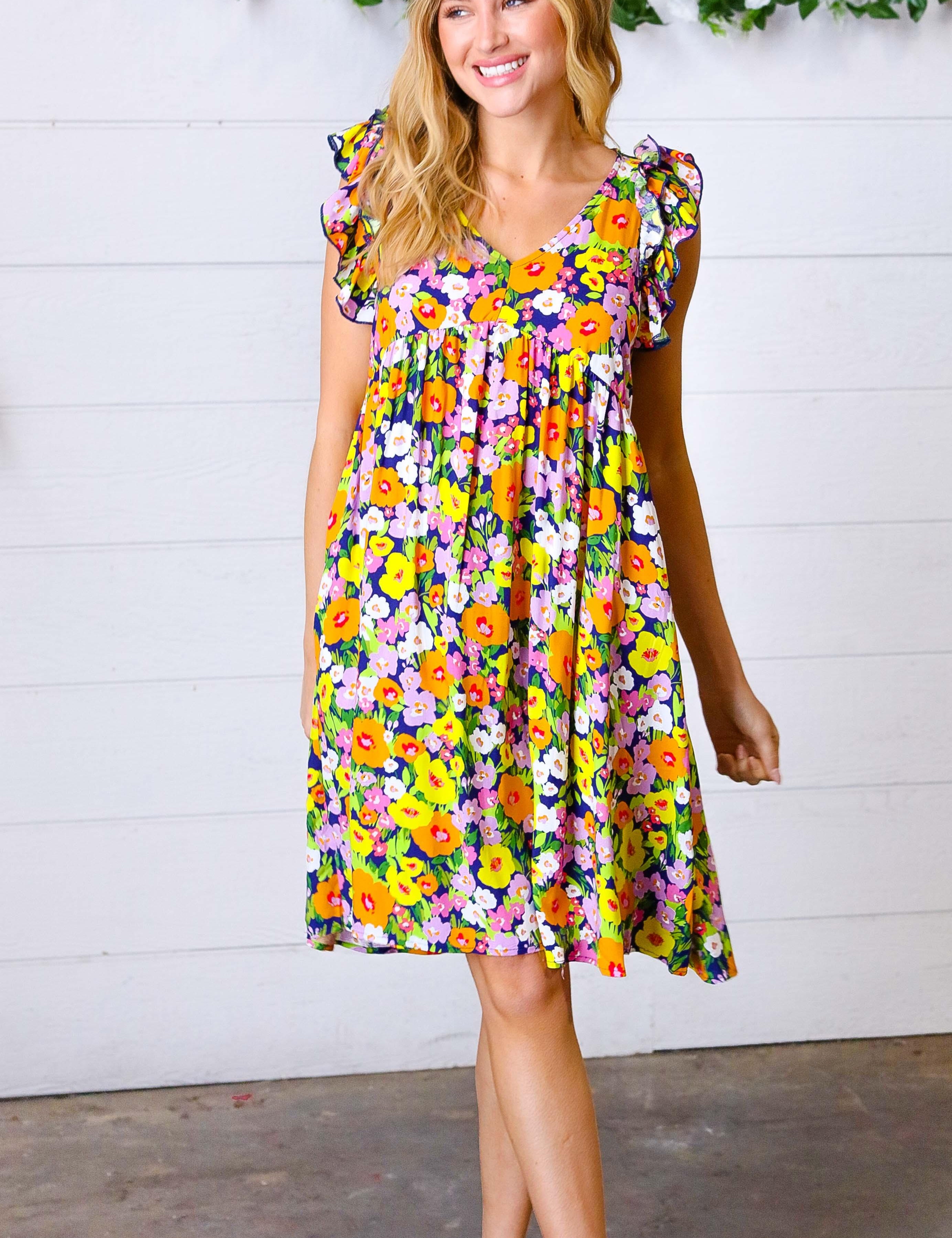 Indigo & Lemon Floral Babydoll Ruffle Dress | Daverri Fashions