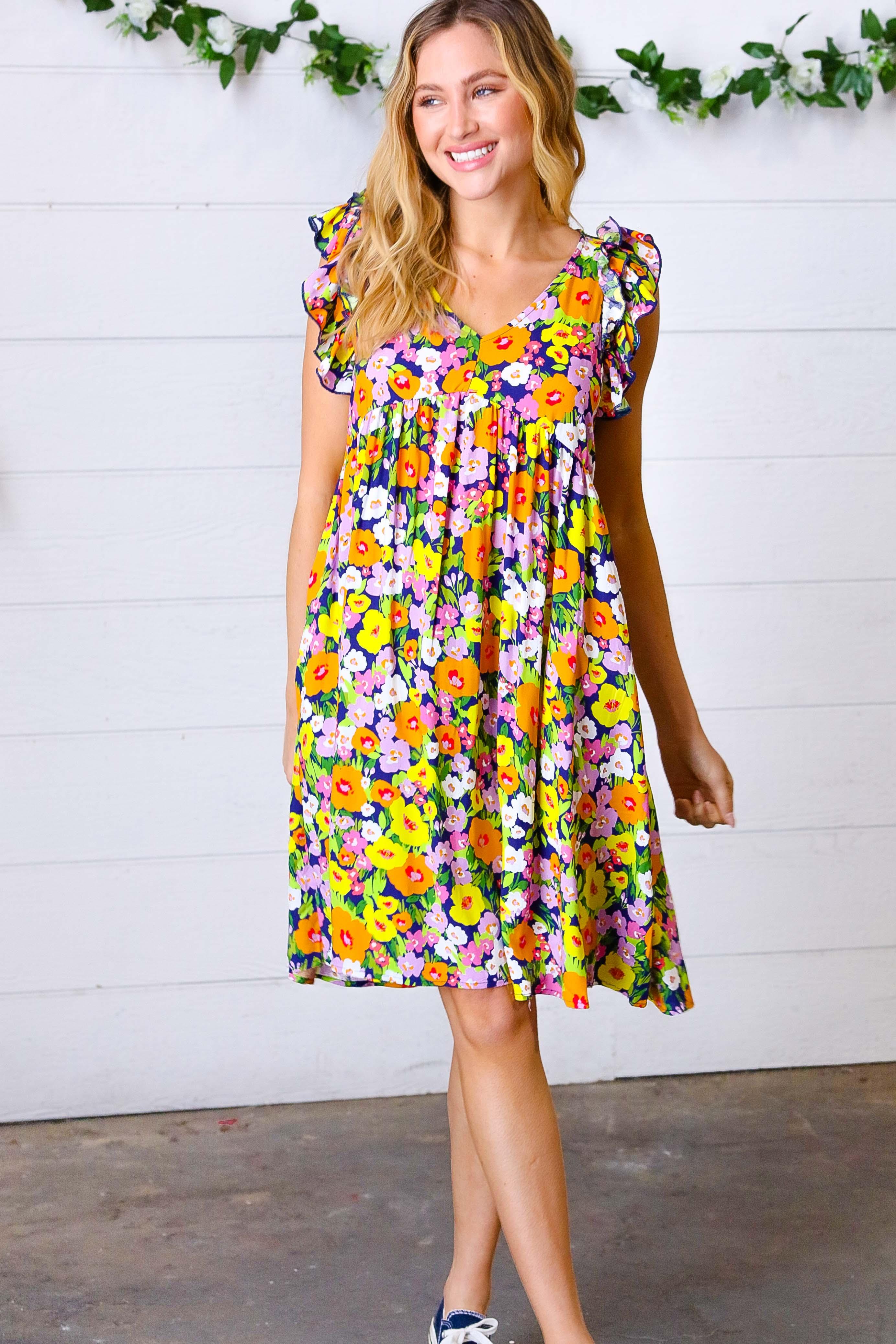 Indigo & Lemon Floral Babydoll Ruffle Dress | Daverri Fashions