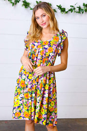 Indigo & Lemon Floral Babydoll Ruffle Dress | Daverri Fashions