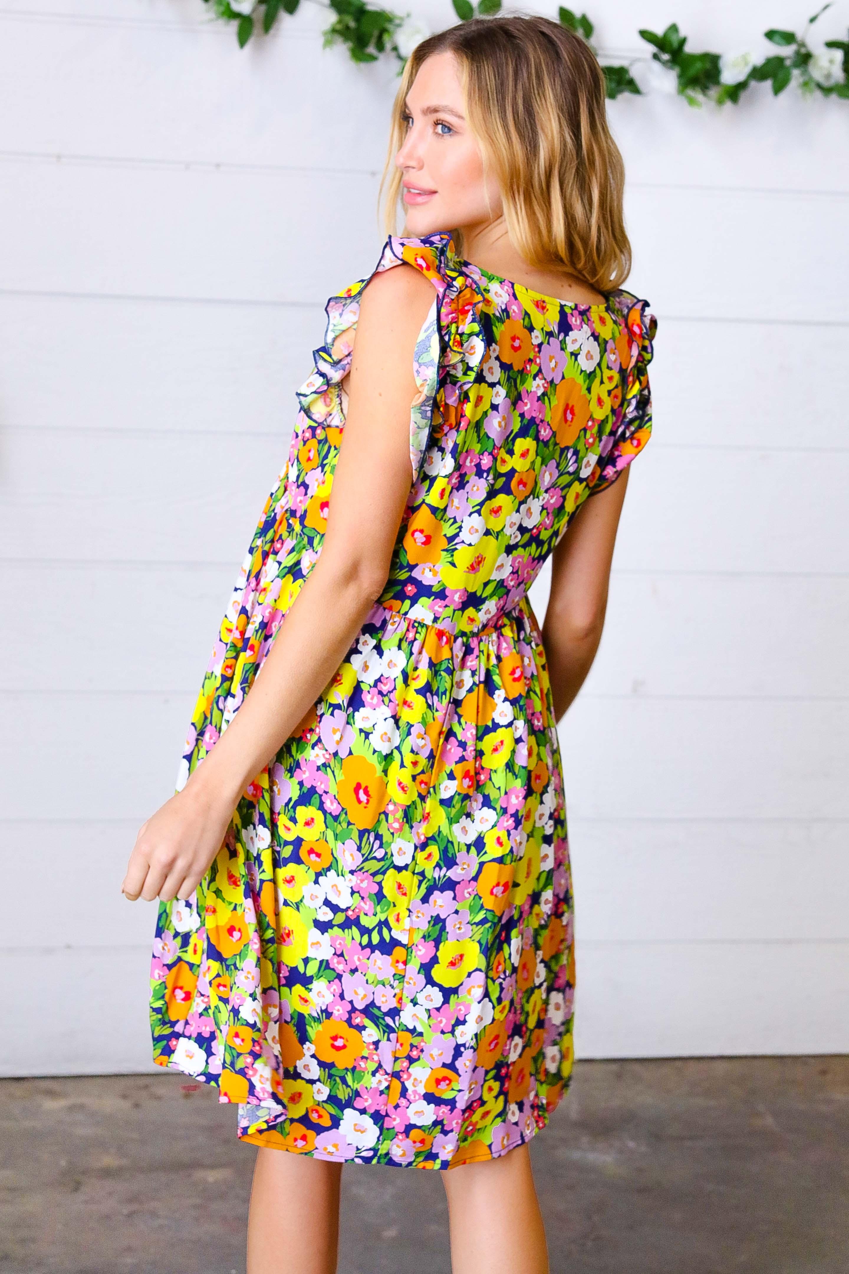 Indigo & Lemon Floral Babydoll Ruffle Dress | Daverri Fashions