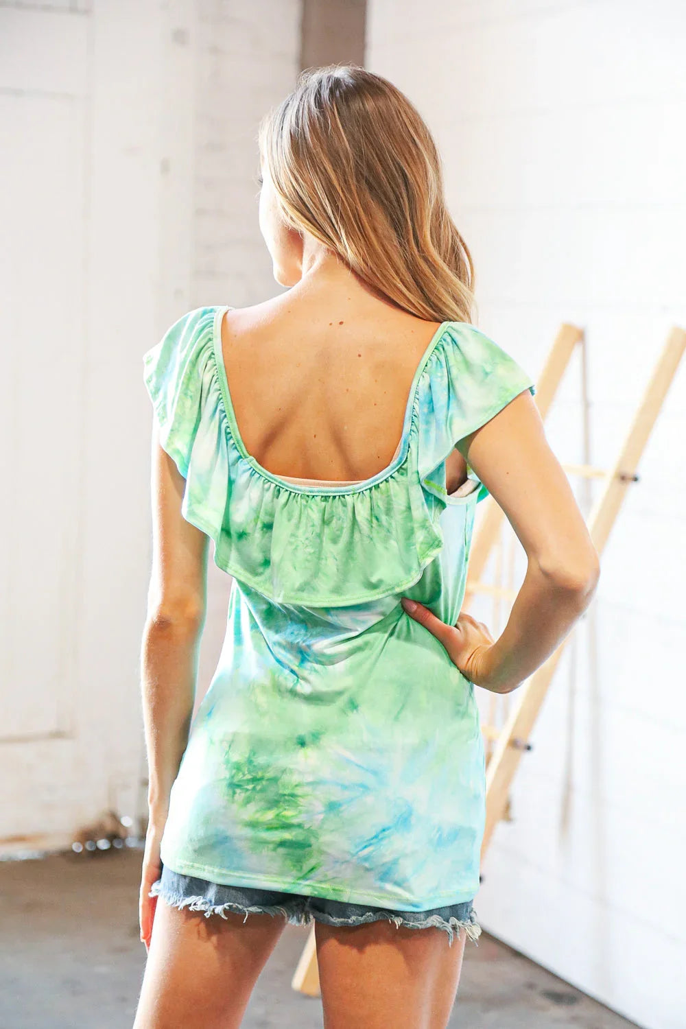 Lime Square Neck Ruffle Tie Dye Tank Top | Daverri Fashions
