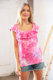 Fuchsia Square Neck Ruffle Tie Dye Tank Top | 07-01-25 Summer Sale Daverri Fashions