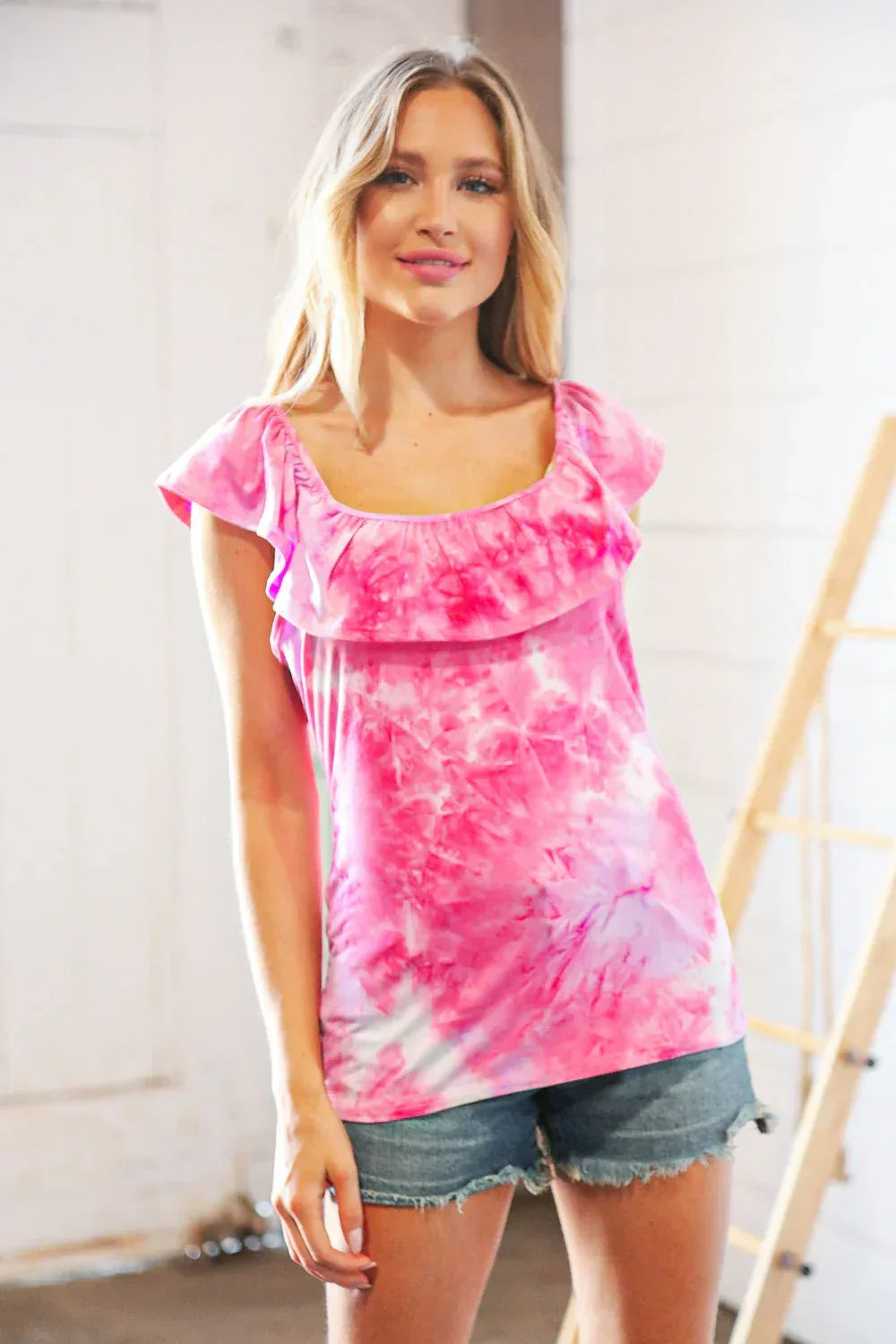 Fuchsia Square Neck Ruffle Tie Dye Tank Top - DAVERRI FASHIONS