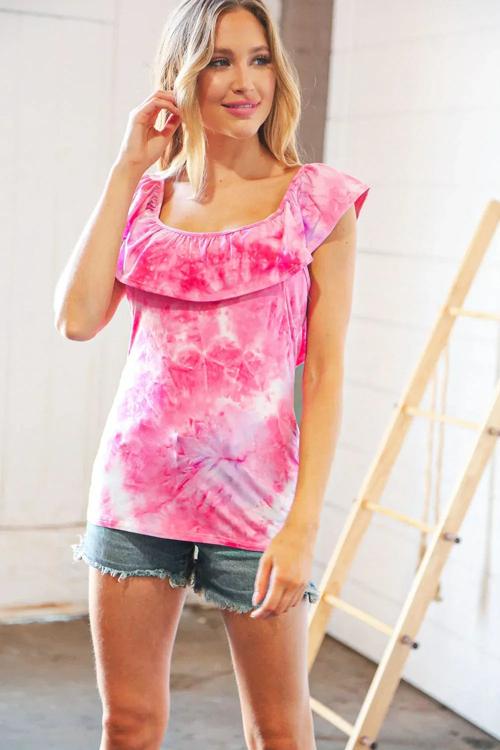Fuchsia Square Neck Ruffle Tie Dye Tank Top - DAVERRI FASHIONS