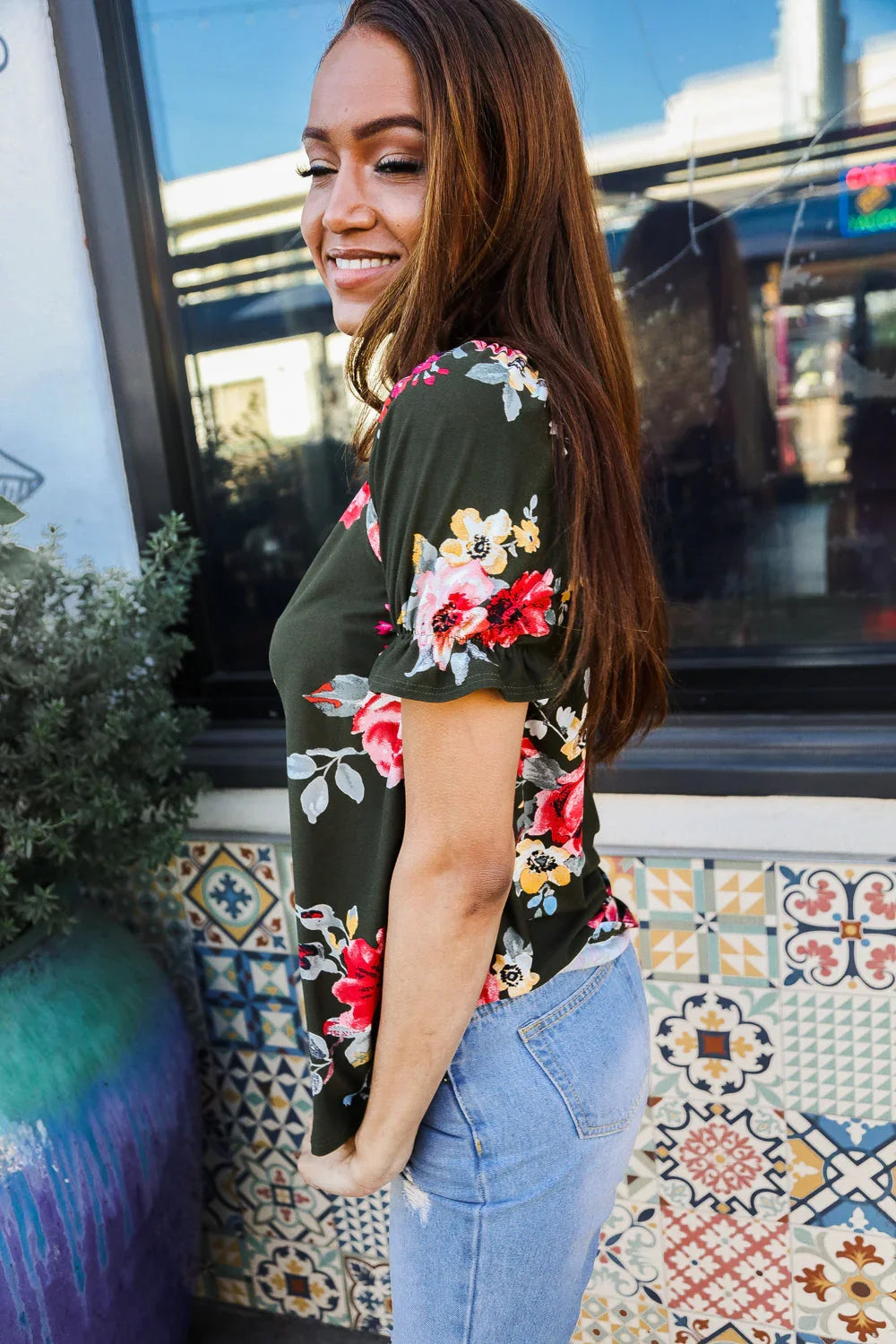 Flower Power Moss Green Floral Print Ruffle Puff Sleeve Top | Daverri Fashions