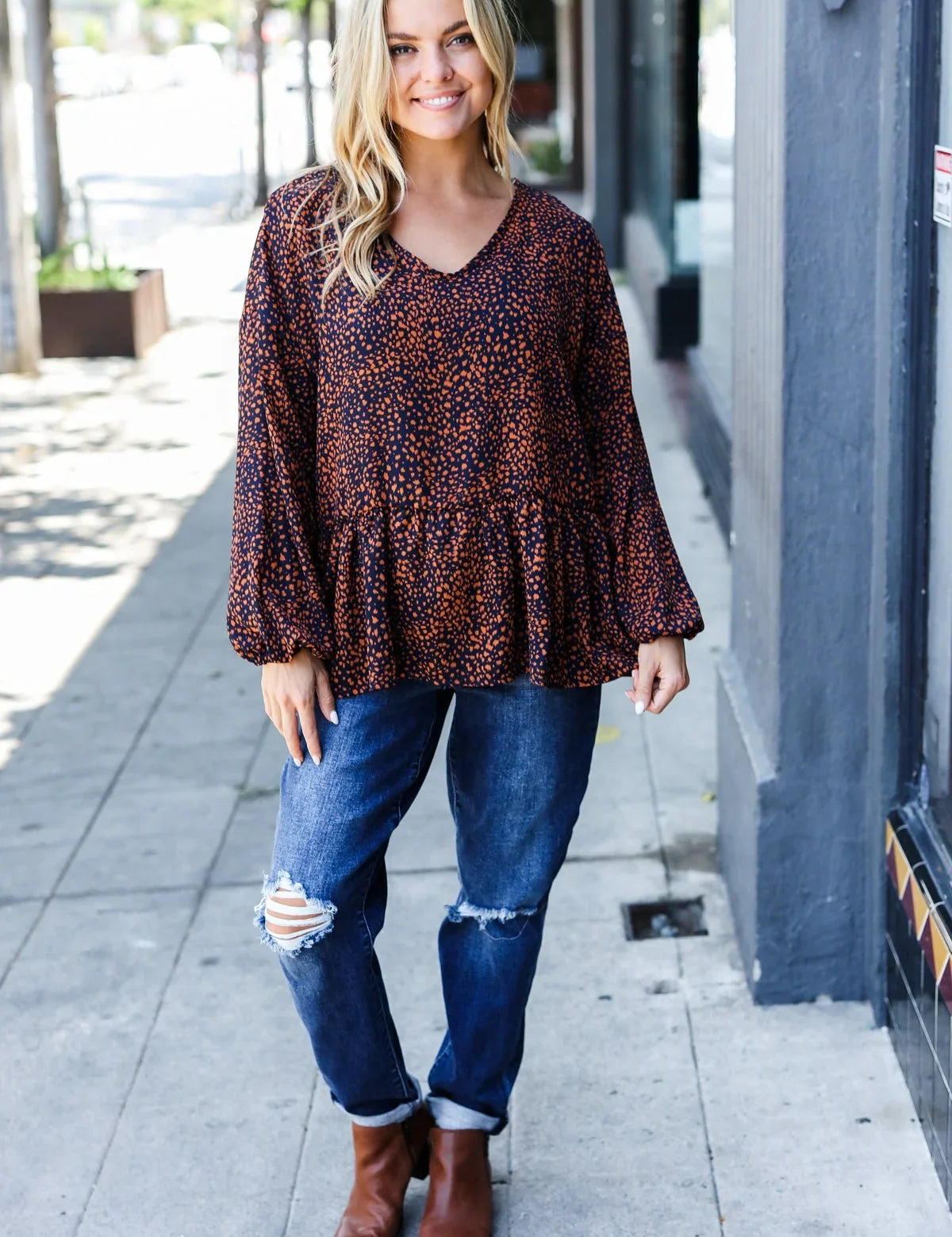 Navy & Rust Leopard Woven Babydoll Top | Daverri Fashions