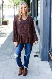 Navy & Rust Leopard Woven Babydoll Top | Daverri Fashions