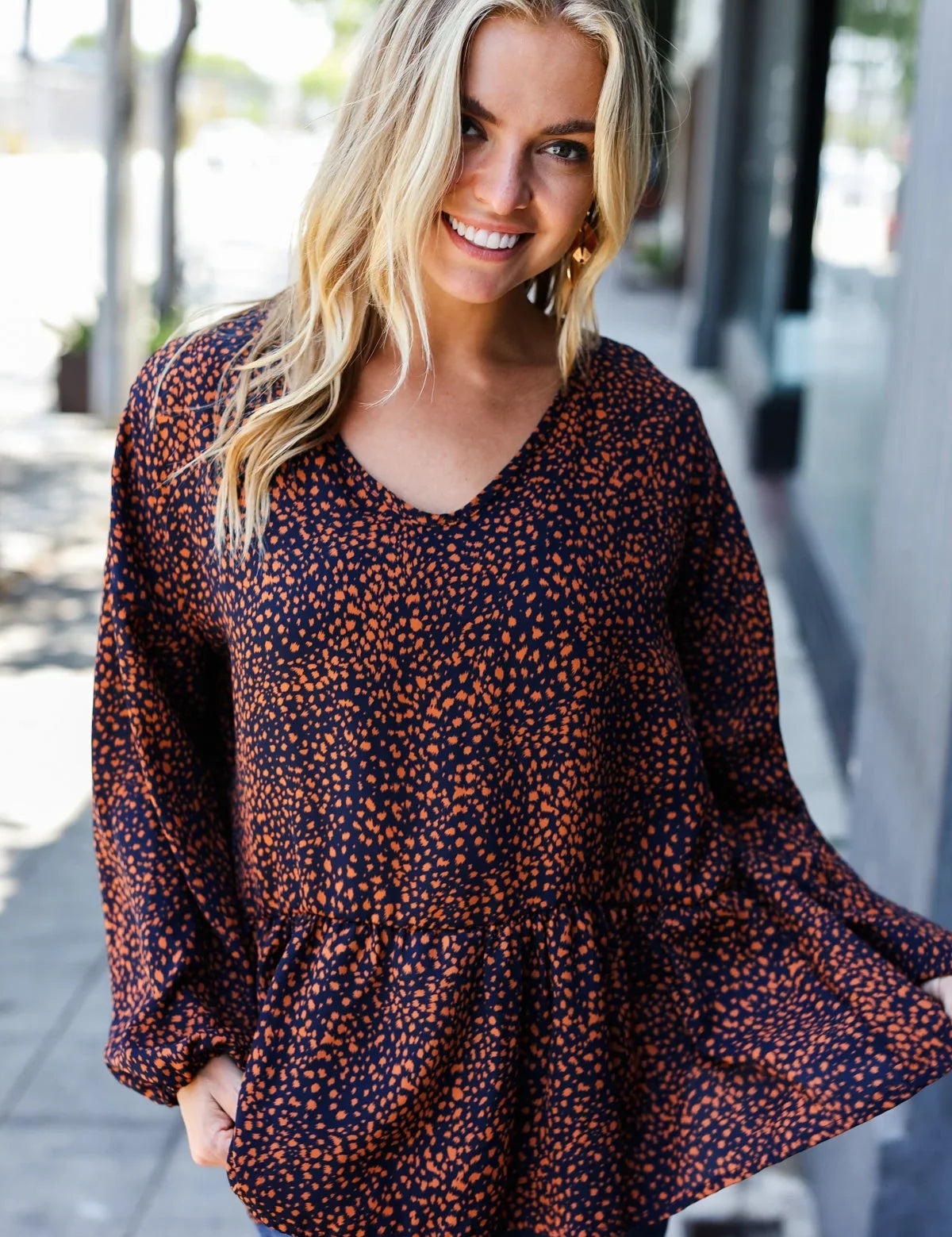 Navy & Rust Leopard Woven Babydoll Top | Daverri Fashions
