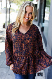 Navy & Rust Leopard Woven Babydoll Top | Daverri Fashions