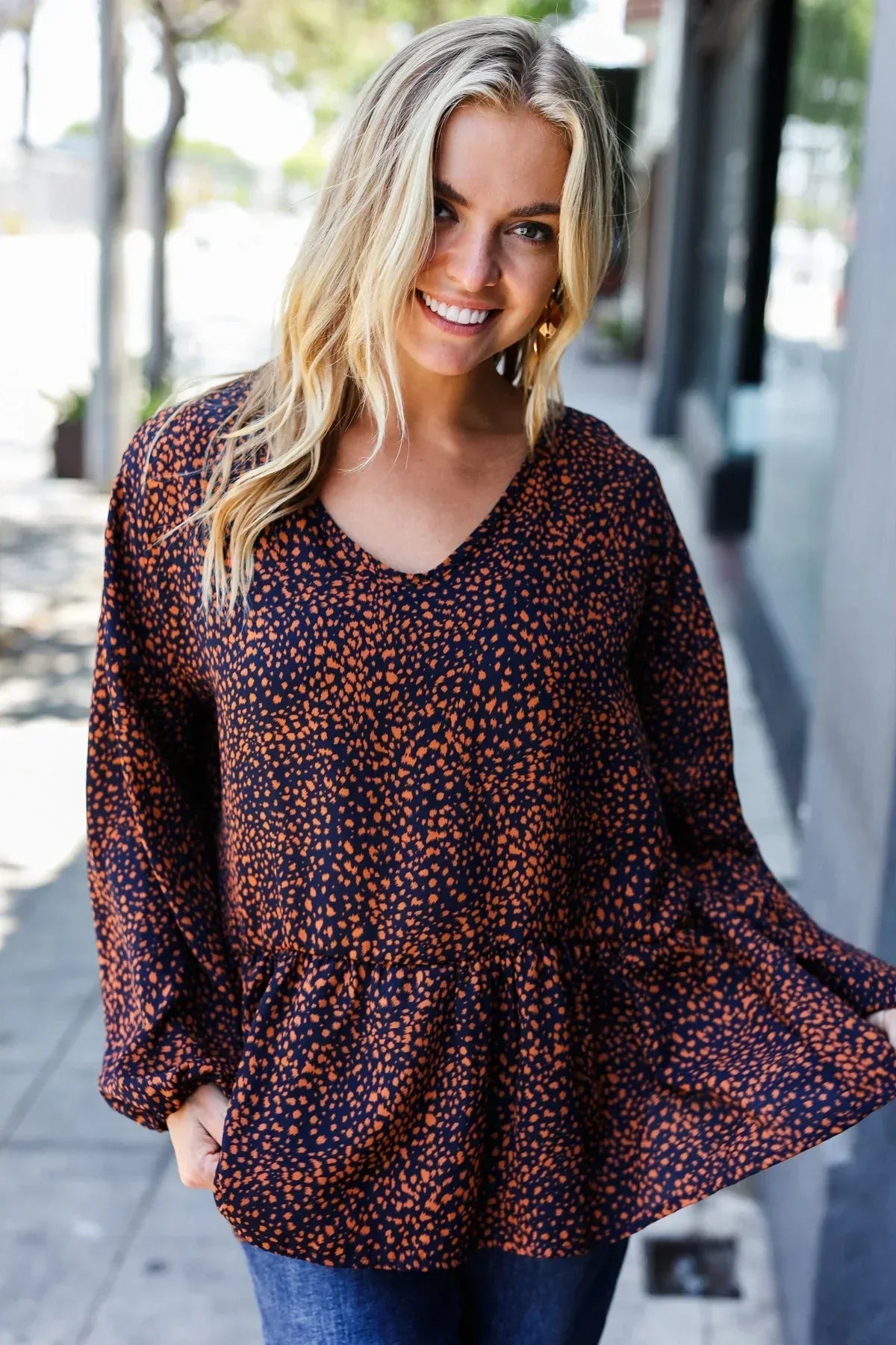 Navy & Rust Leopard Woven Babydoll Top - DAVERRI FASHIONS