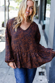 Navy & Rust Leopard Woven Babydoll Top | Daverri Fashions