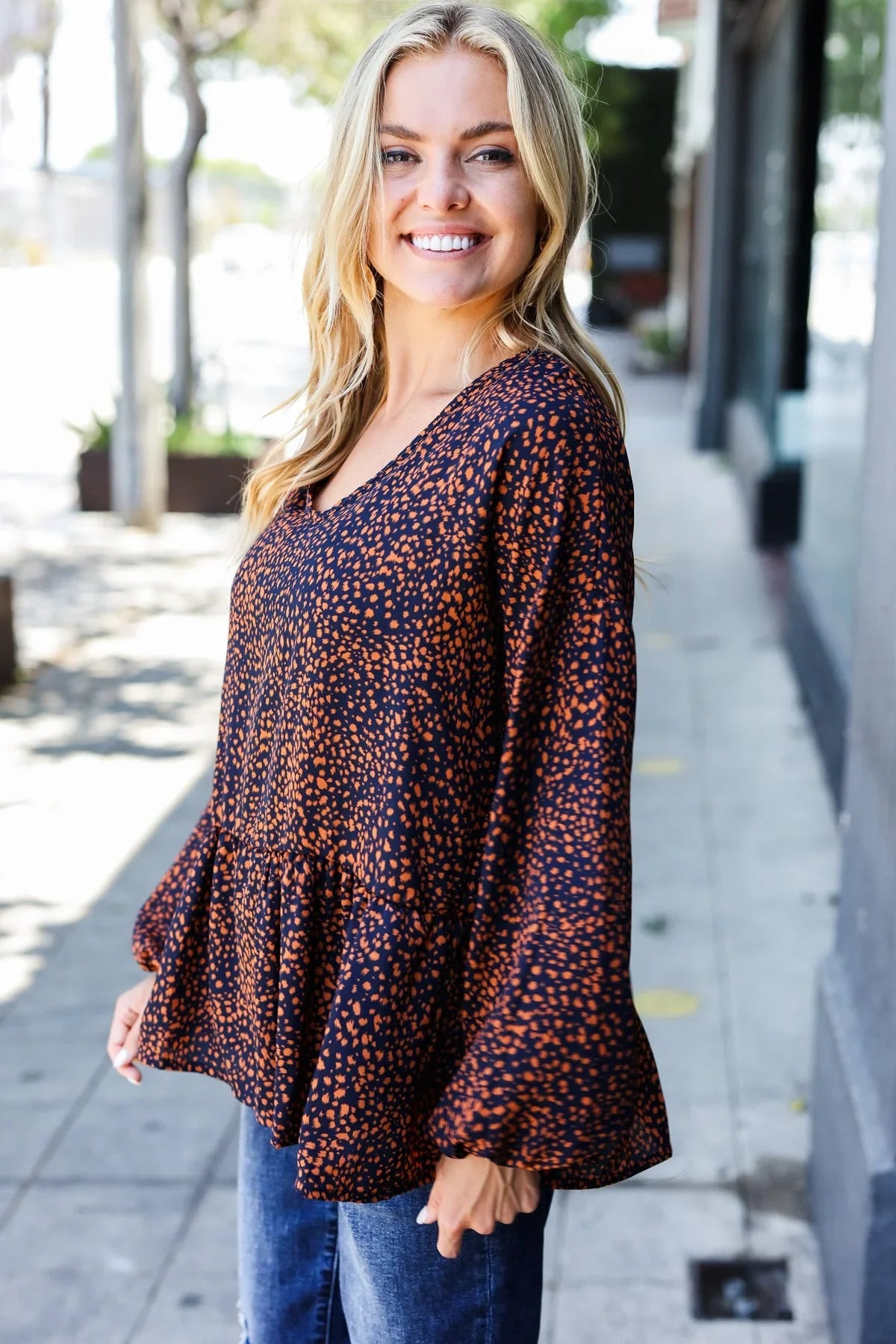 Navy & Rust Leopard Woven Babydoll Top | Daverri Fashions