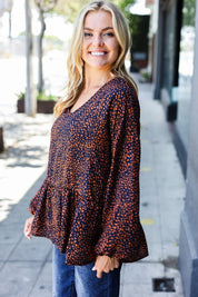 Navy & Rust Leopard Woven Babydoll Top | Daverri Fashions