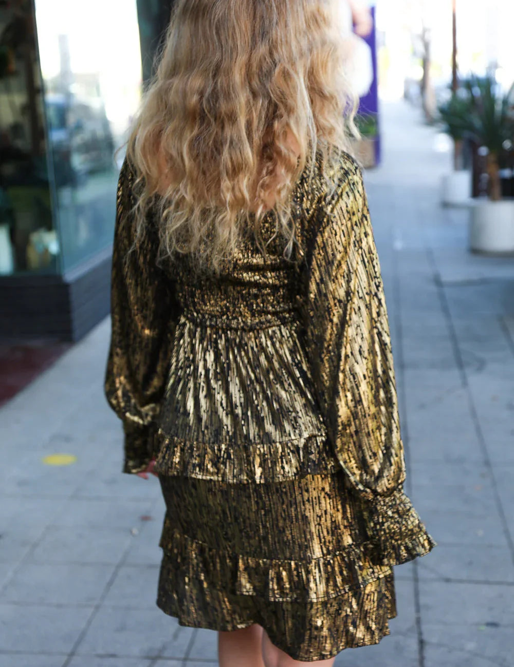 Dazzling Black Gold Foiled Smocked Fit & Flare Dress | Daverri Fashions