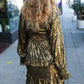 Gold metallic ruffled long-sleeve smocked fit and flare dress