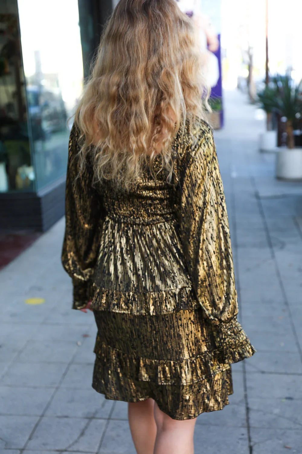 Gold metallic ruffled long-sleeve smocked fit and flare dress