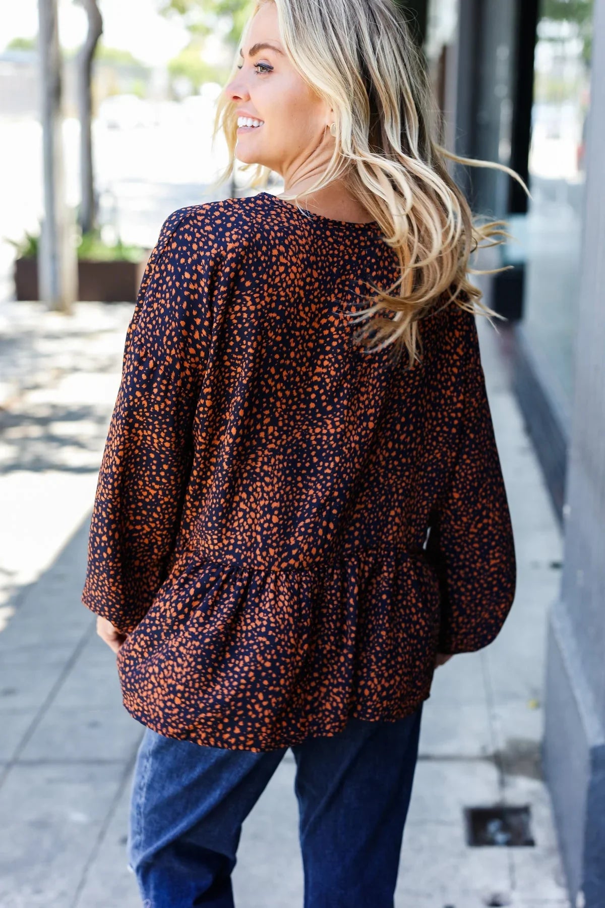 Navy & Rust Leopard Woven Babydoll Top | Daverri Fashions