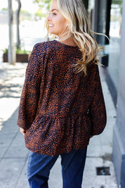Navy & Rust Leopard Woven Babydoll Top | Daverri Fashions