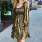 Gold metallic ruffled long-sleeve scoop neck fit and flare dress