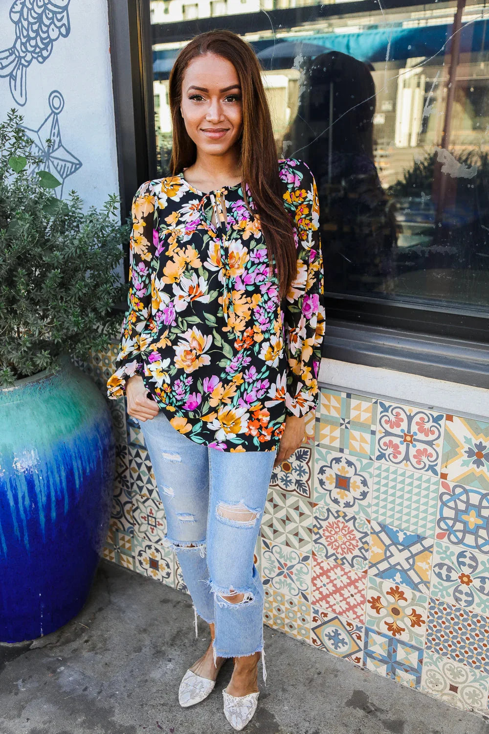 Boho Vibes Notch Tie Neck Floral Print Long Sleeve Blouse | Daverri Fashions