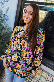 Boho Vibes Notch Tie Neck Floral Print Long Sleeve Blouse | Daverri Fashions