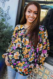 Boho Vibes Notch Tie Neck Floral Print Long Sleeve Blouse | Daverri Fashions