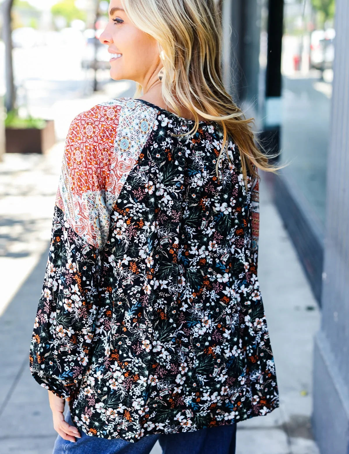 Boho Floral Ethnic Print Front Tie Woven Blouse | Daverri Fashions