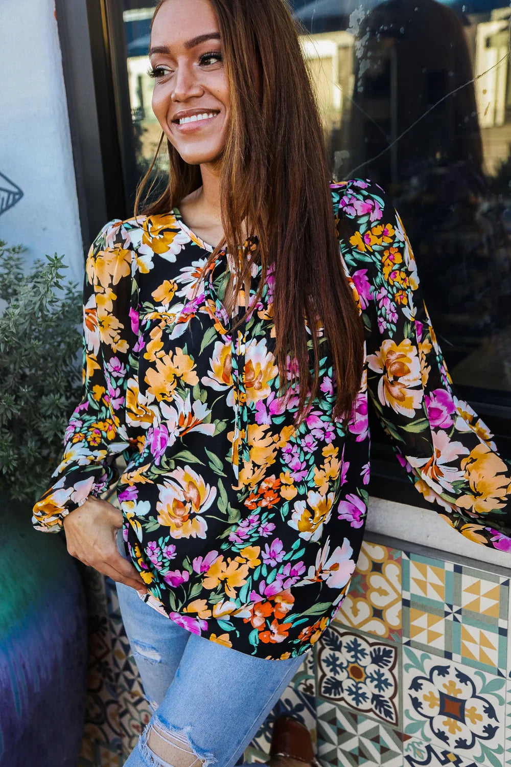 Boho Vibes Notch Tie Neck Floral Print Long Sleeve Blouse | Daverri Fashions