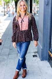 Black Floral Beaded Tie Peasant Woven Blouse | Daverri Fashions