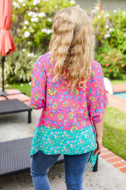 Vacay Ready Fuchsia Paisley Floral Dolman Sleeve Shark Bite Top | 07-01-25 Summer Sale Daverri Fashions