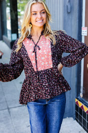 Black Floral Beaded Tie Peasant Woven Blouse | Daverri Fashions