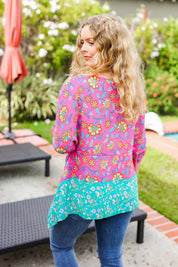 Vacay Ready Fuchsia Paisley Floral Dolman Sleeve Shark Bite Top | 07-01-25 Summer Sale Daverri Fashions