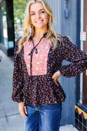 Black Floral Beaded Tie Peasant Woven Blouse | Daverri Fashions