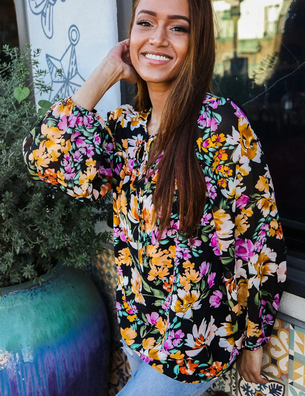 Boho Vibes Notch Tie Neck Floral Print Long Sleeve Blouse | Daverri Fashions