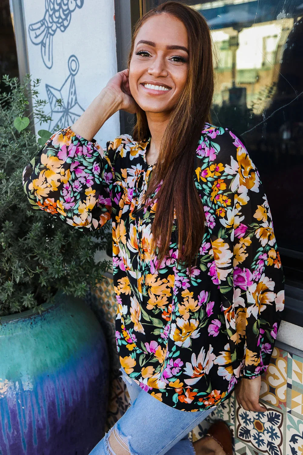 Boho Vibes Notch Tie Neck Floral Print Long Sleeve Blouse | Daverri Fashions