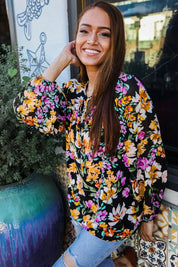 Boho Vibes Notch Tie Neck Floral Print Long Sleeve Blouse | Daverri Fashions