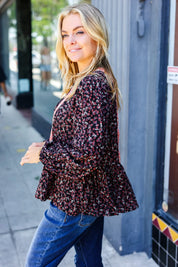 Black Floral Beaded Tie Peasant Woven Blouse | Daverri Fashions