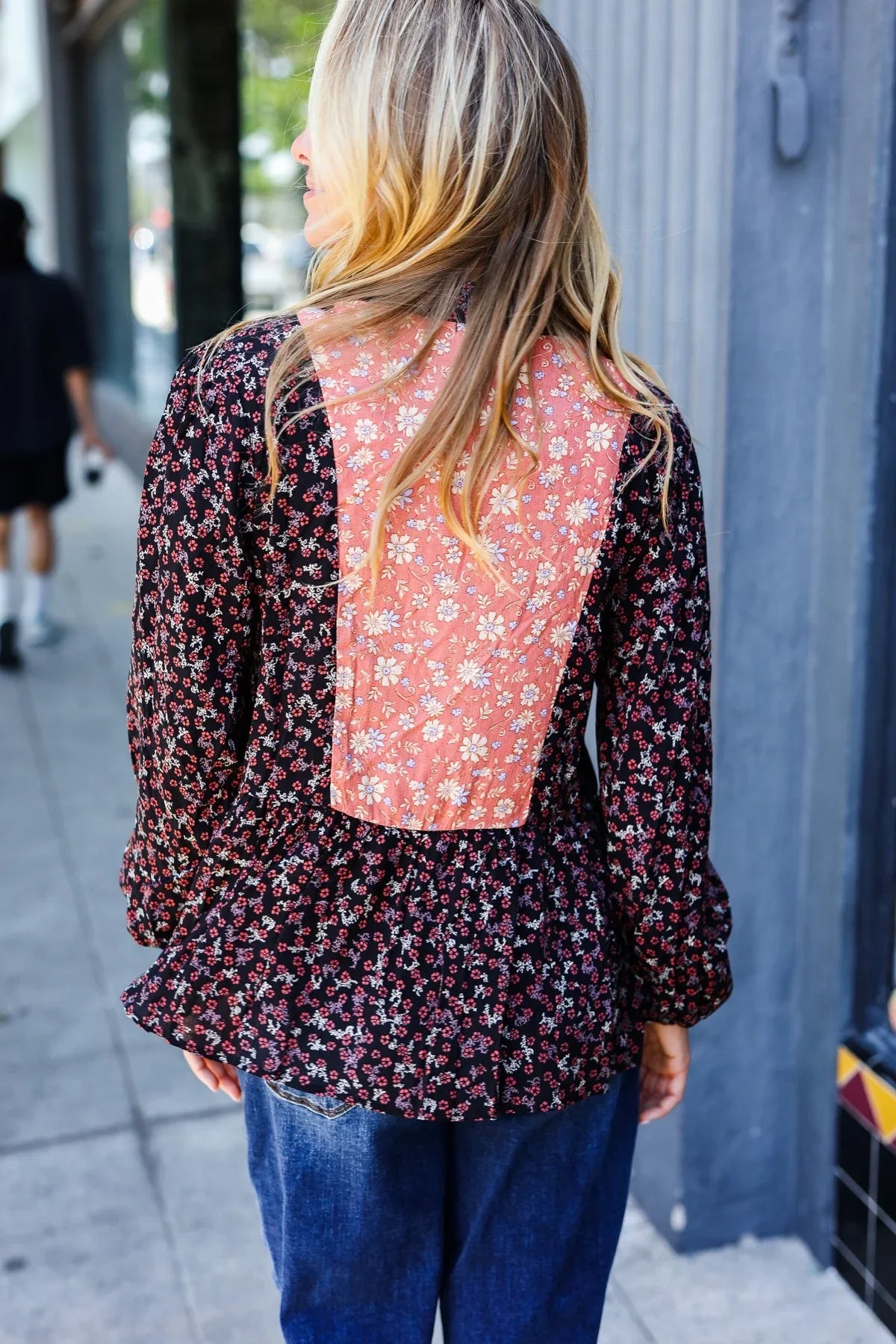 Black Floral Beaded Tie Peasant Woven Blouse | Daverri Fashions
