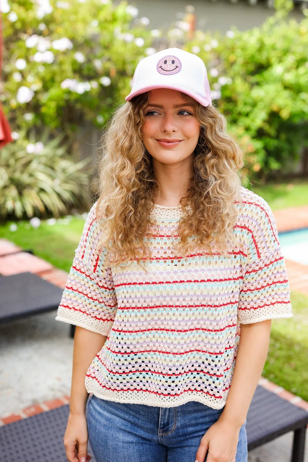 Baby Pink Glitter Smiley Face Mesh Trucker Hat | 2024 Summer Blow Out Sale Daverri Fashions