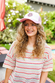 Baby Pink Glitter Smiley Face Mesh Trucker Hat | 2024 Summer Blow Out Sale Daverri Fashions